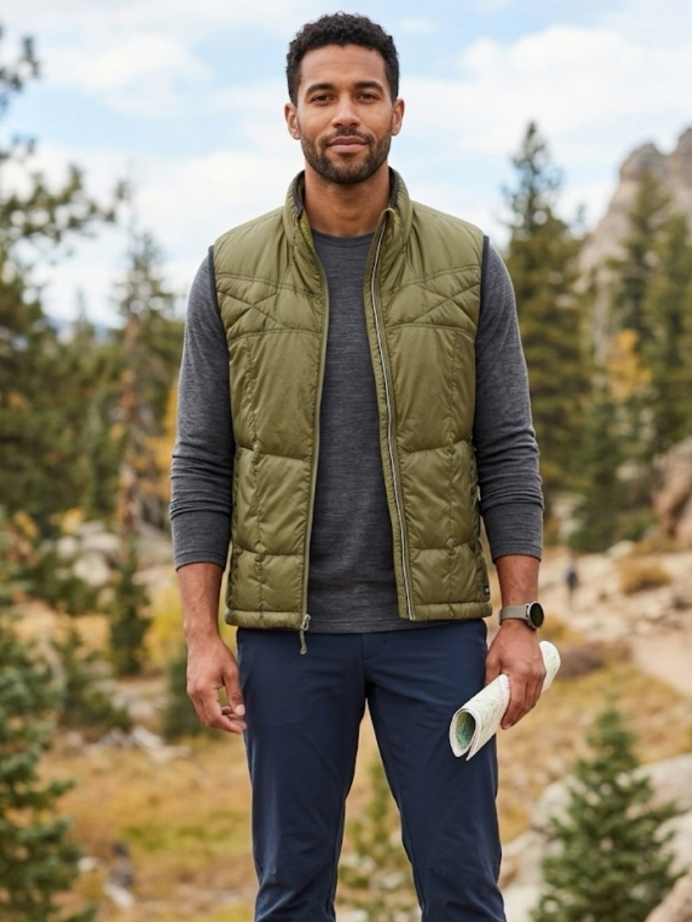 Men's REI Co-op Down Vest M Olive Green w/ interior Lime Green